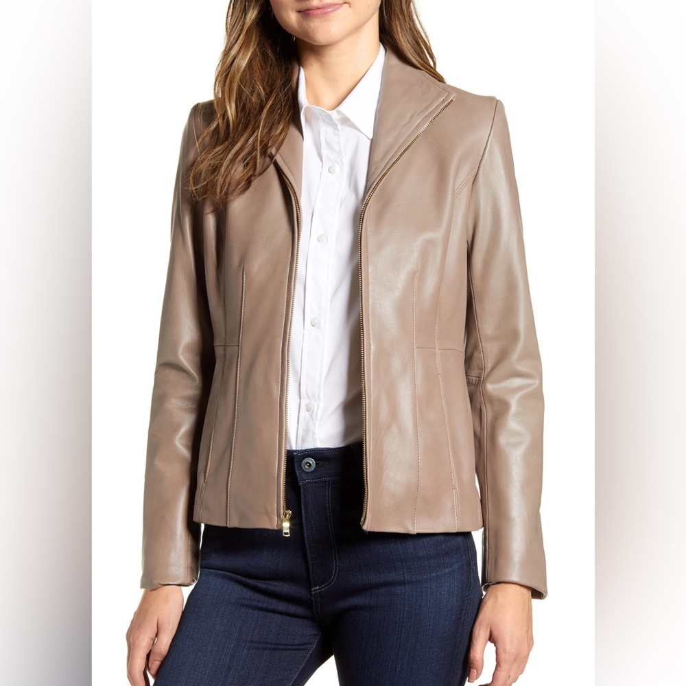 COLE HAAN SIGNATURE Cole Haan Lambskin Leather Jacket Beige